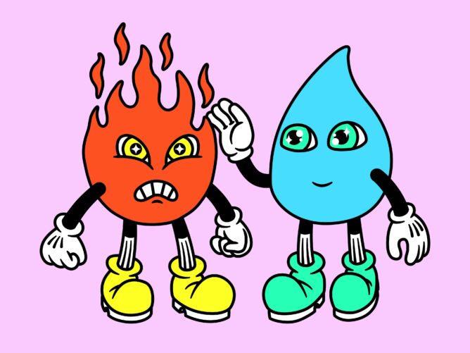 Illustration of cool blue water drop calmly patting a fiery drop that looks angry